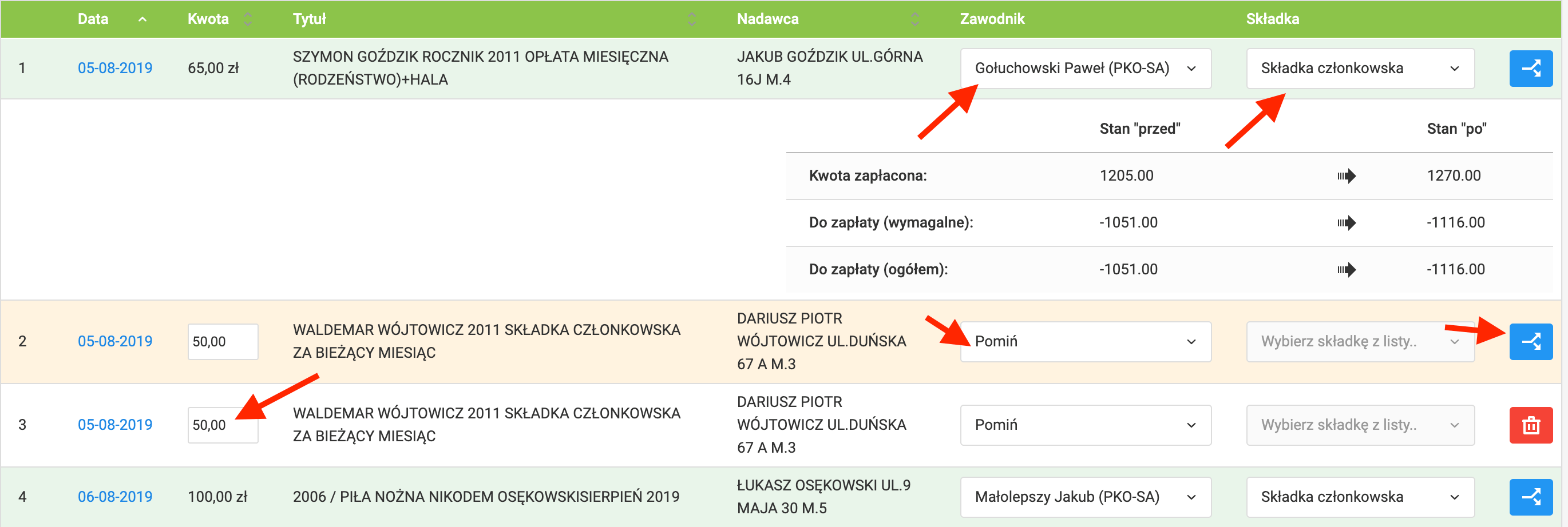 Lista transakcji